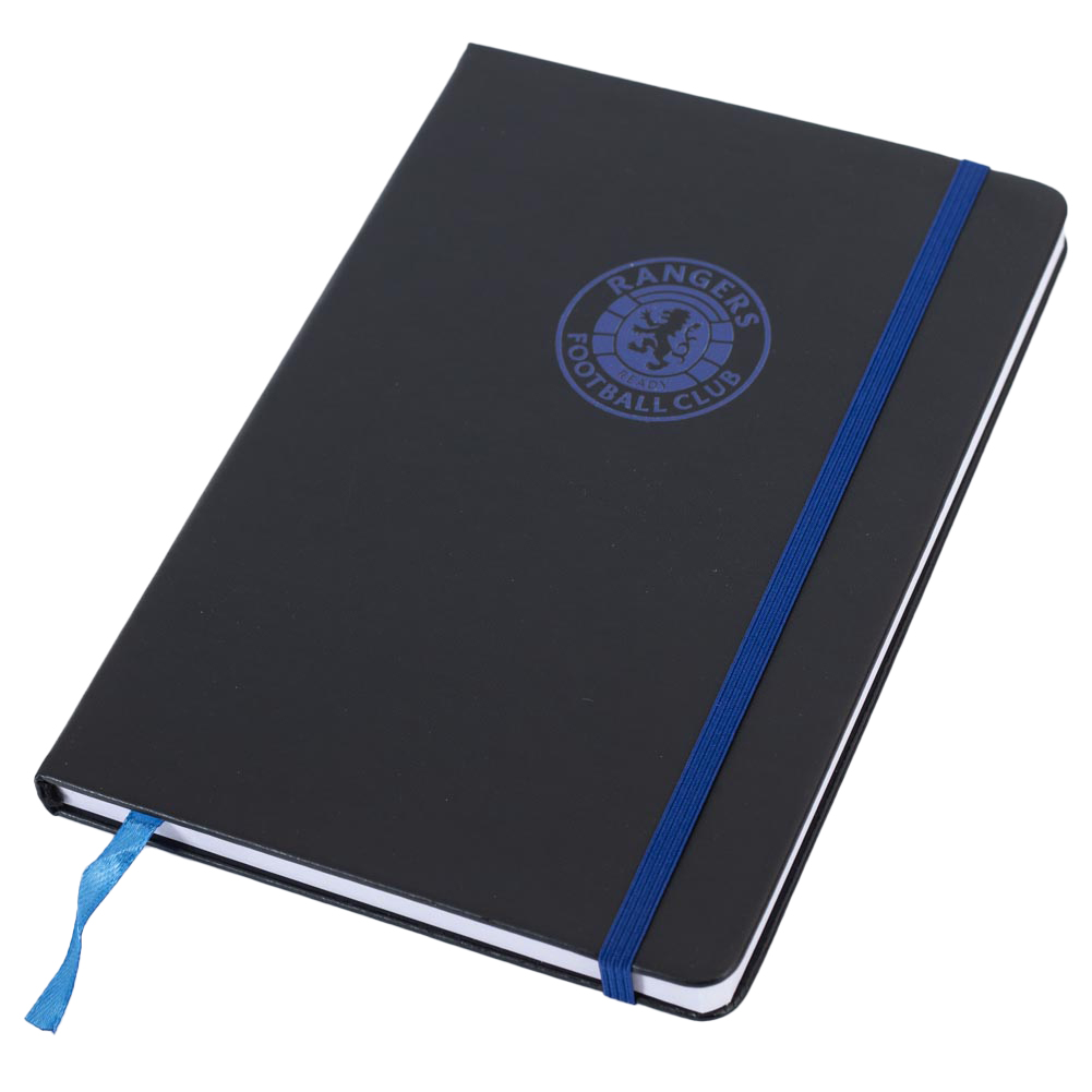 Rangers FC hardback notebook with black faux leather and a royal blue embossed Rangers crest