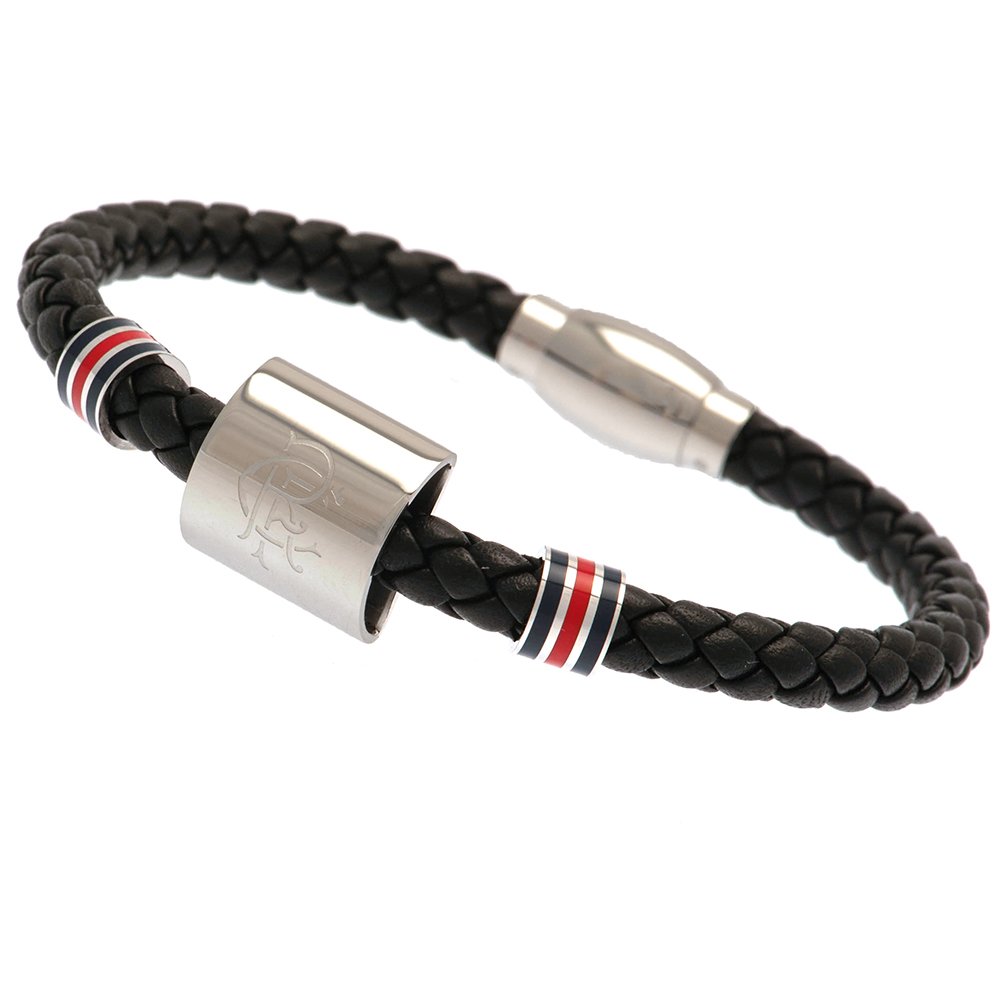 Rangers FC black genuine leather rope bracelet with stainless steel colour rings and an engraved club crest