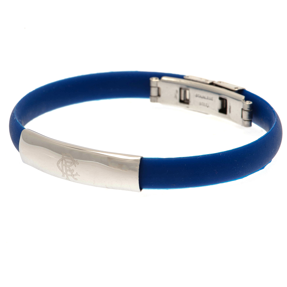 Royal blue Rangers FC flexi silicone bracelet with an engraved club crest plate and a steel deployment clasp