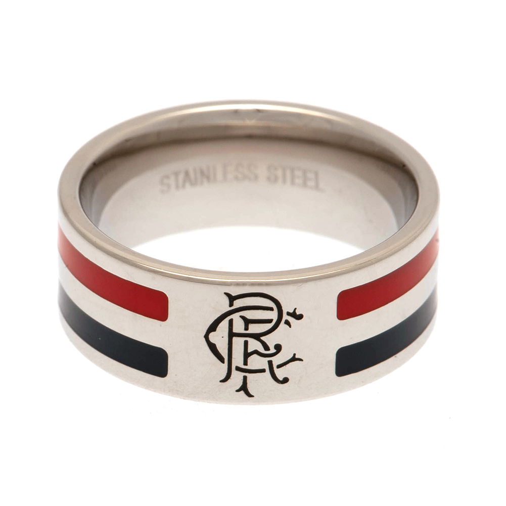 Rangers FC stainless steel colour stripe ring with colour inserts and a chrome finish