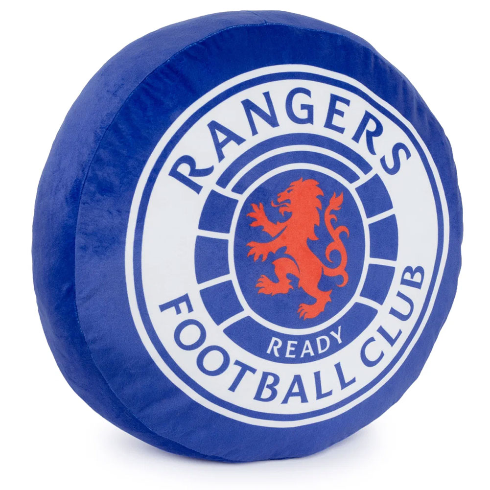Blue Rangers FC crest shaped cushion with a full colour Rangers crest and a velvety plush finish
