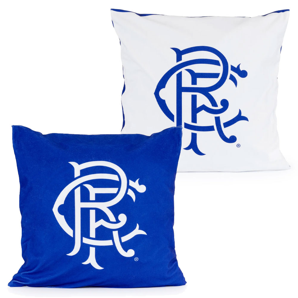 Blue Rangers FC cushion cover with a white Rangers crest and an inverted design on the reverse
