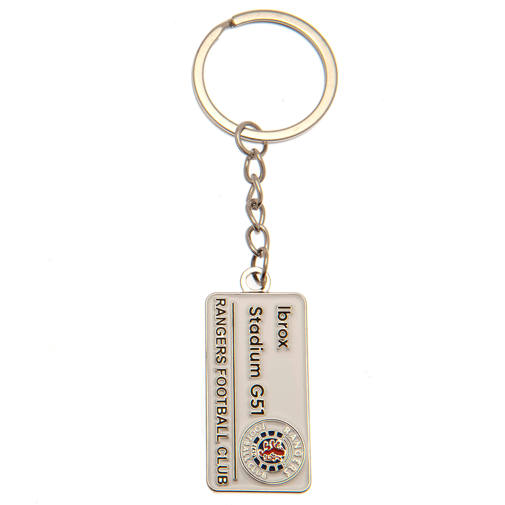 Rangers FC rectangular metal keyring with a full colour enamel street sign design and chain