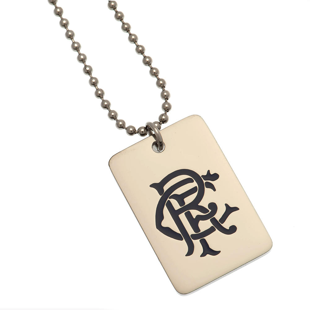 Rangers FC stainless steel dog tag with a colour inlay crest on a chrome finish and a ball chain