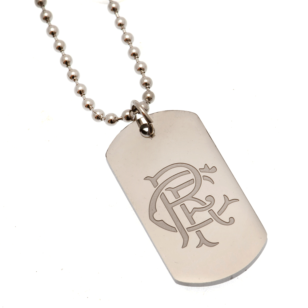 Rangers FC chrome finish stainless steel dog tag engraved with the Rangers crest on a ball chain