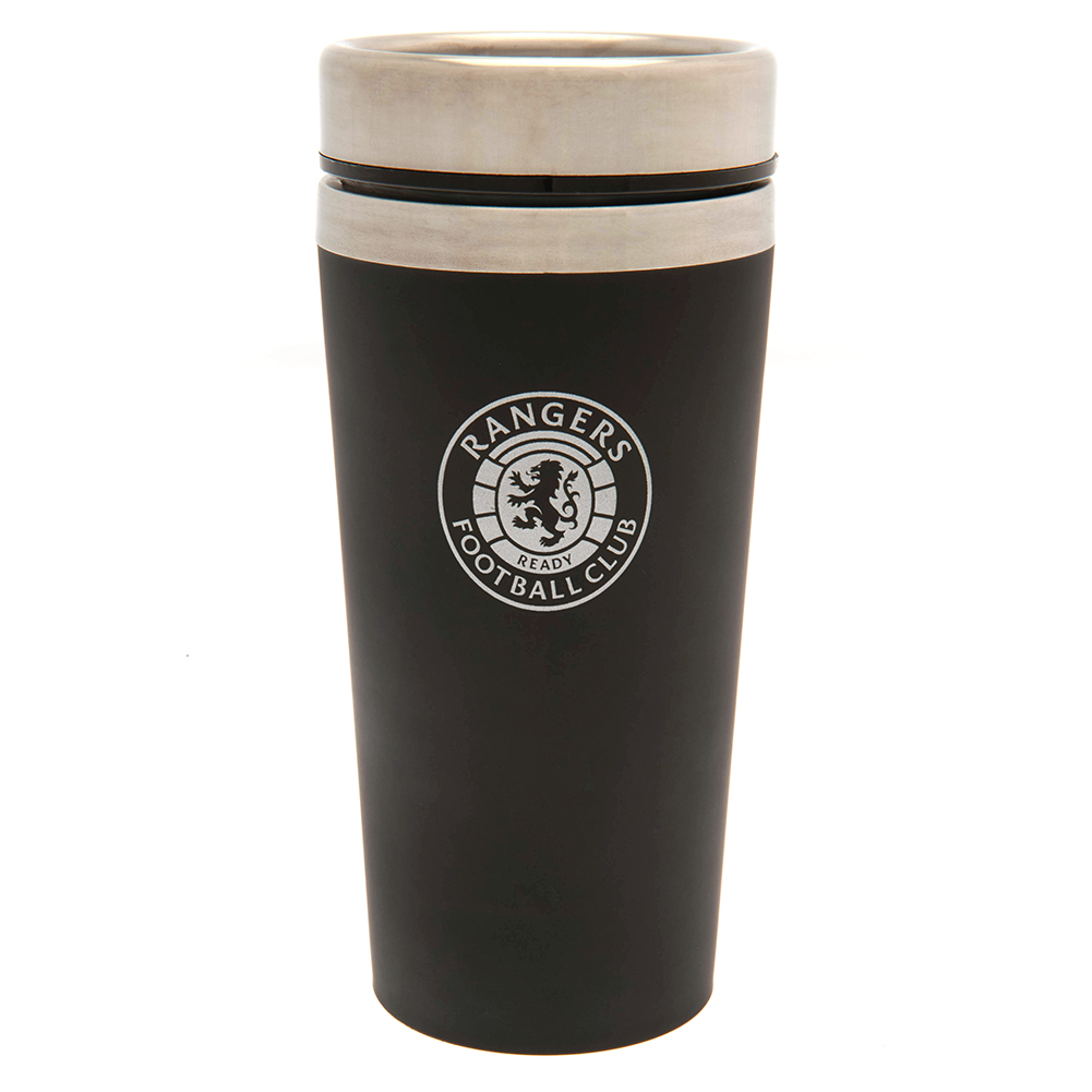 Matt black Rangers FC stainless steel travel mug with a silver rim screw top lid