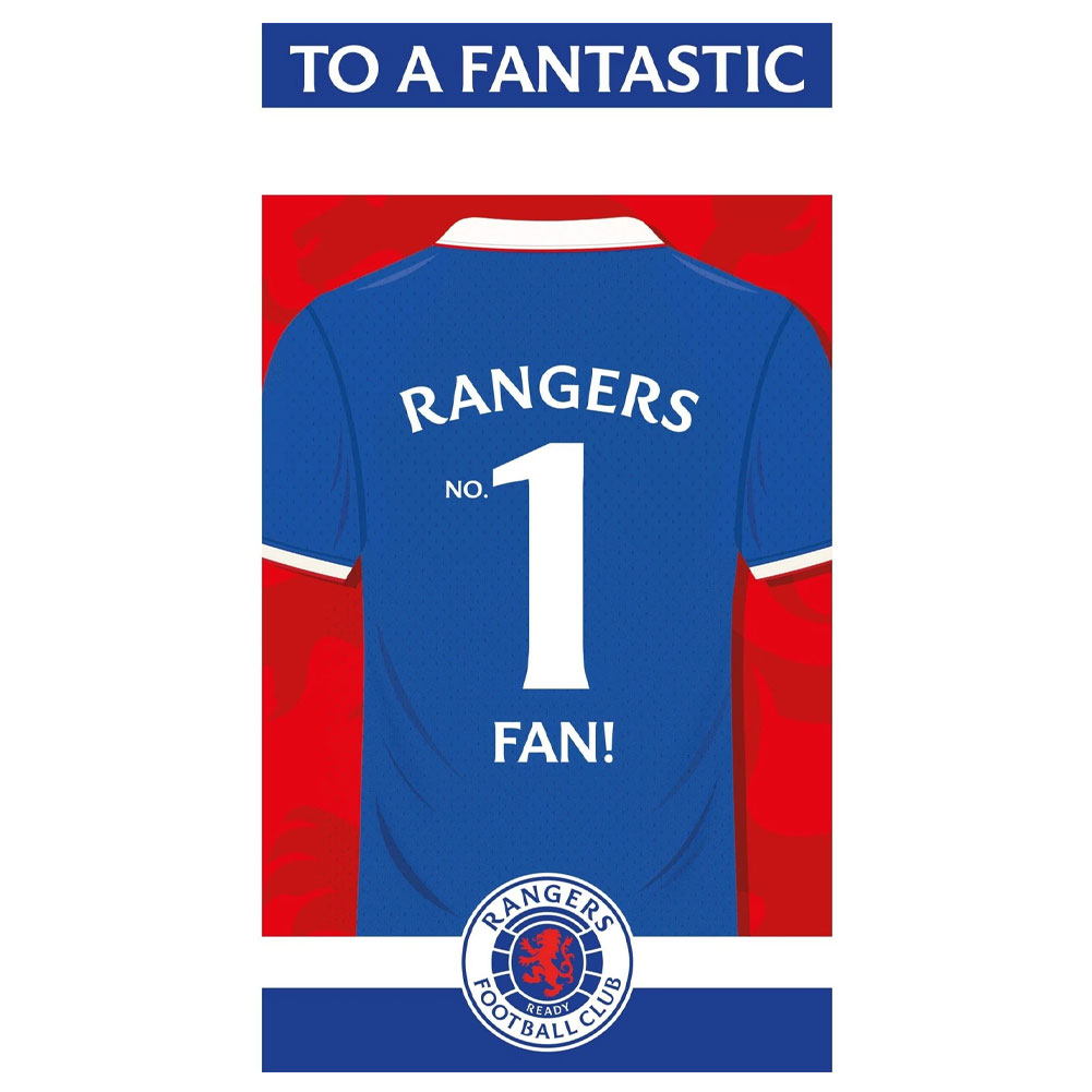 Rangers FC gloss birthday card with a large Rangers No.1 Fan shirt and family relation stickers