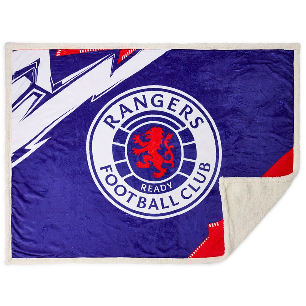 Rangers FC blue sherpa fleece blanket with the Rangers crest and a white sherpa reverse