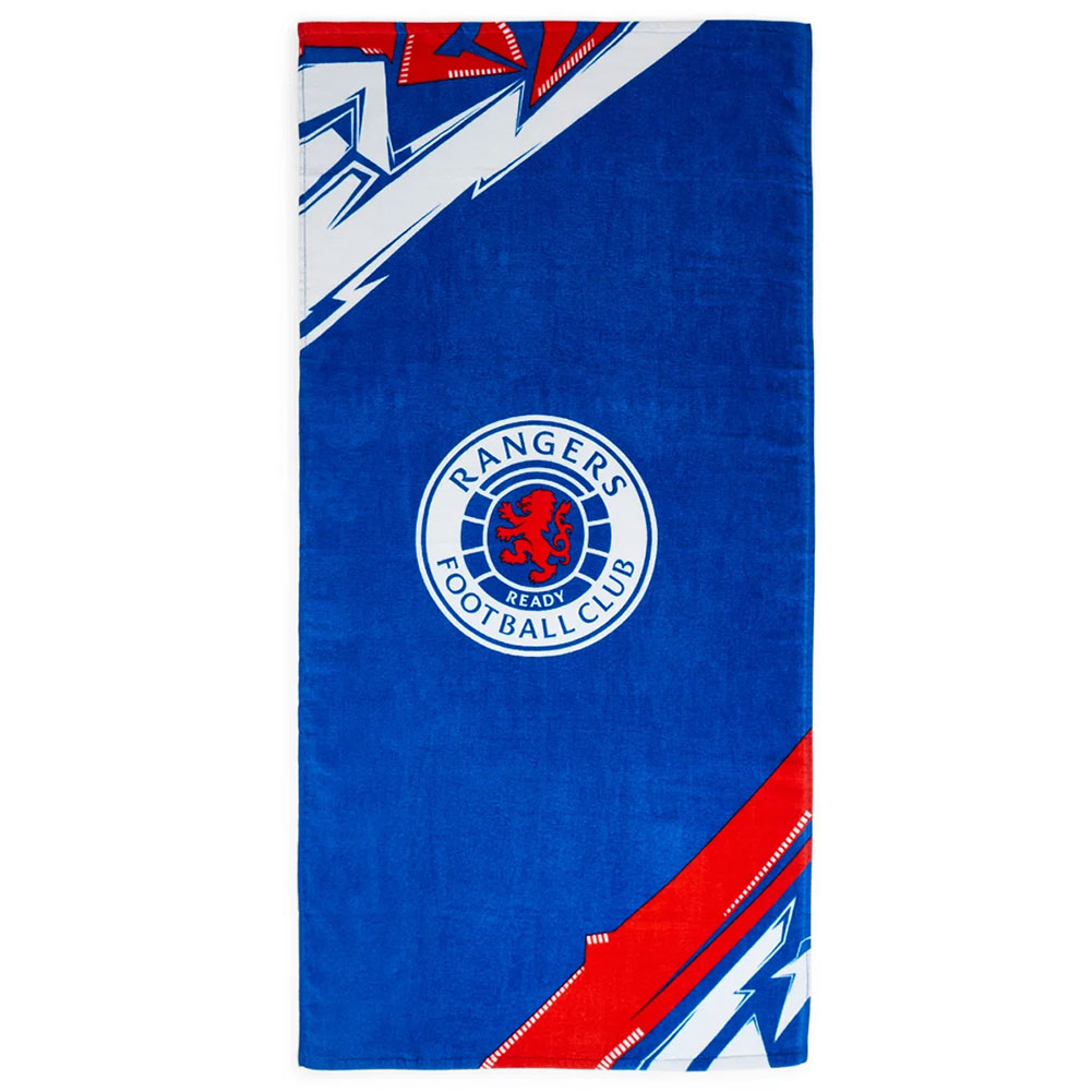 Rangers FC Geo cotton velour beach towel with a geometric design and a full colour Rangers crest