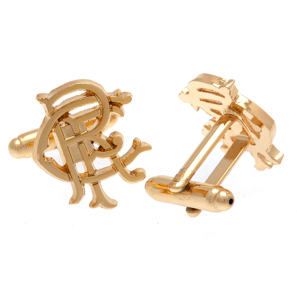 Pair of Rangers FC gold plated crest shaped cufflinks with a detailed scroll crest