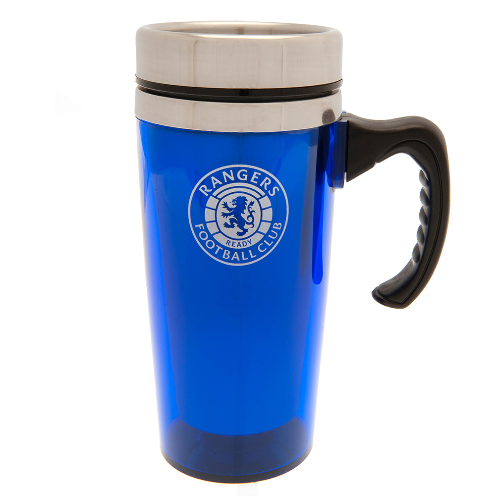 Royal blue translucent Rangers FC stainless steel travel mug with a crest on both sides and a handle