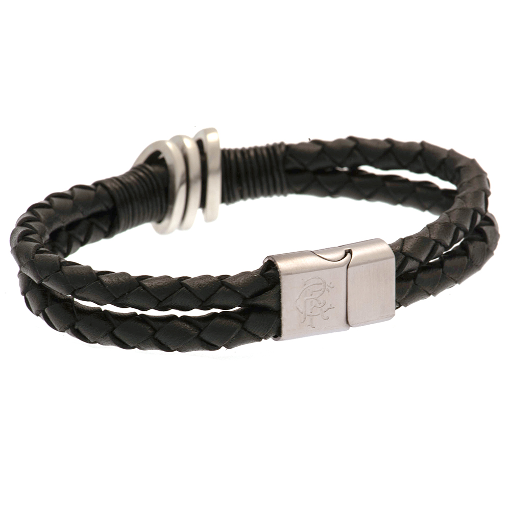 Rangers FC black twin rope leather bracelet with a stainless steel magnetic clasp and engraved crest