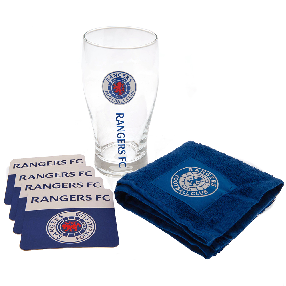 Rangers FC mini bar set with a crested tulip pint glass, blue bar towel and four beer mats