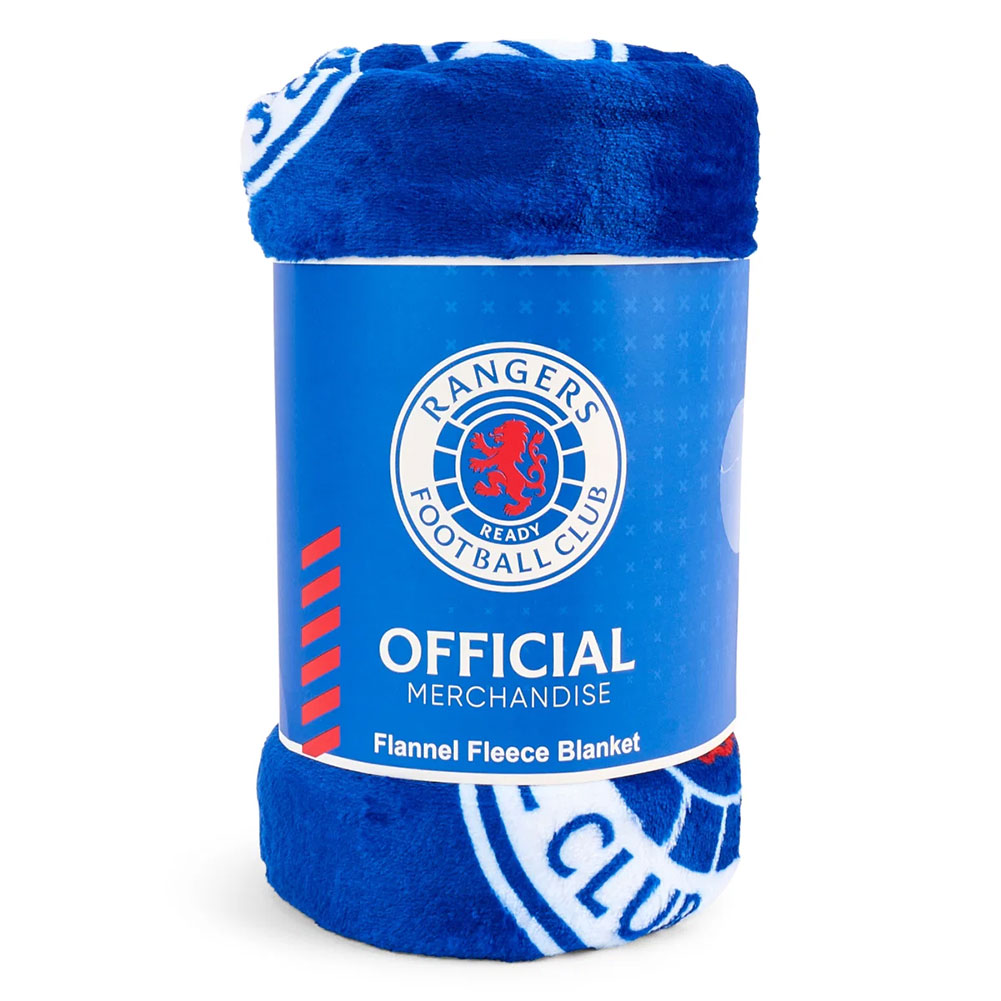Rangers FC vibrant blue fleece blanket with a multi crest design featuring several Rangers crests