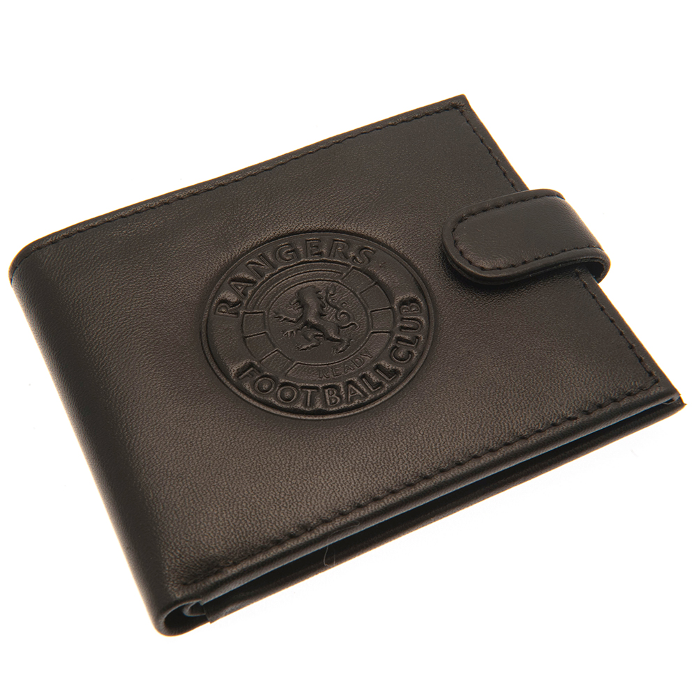 Black Rangers FC leather wallet with a large debossed club crest and stud fastener