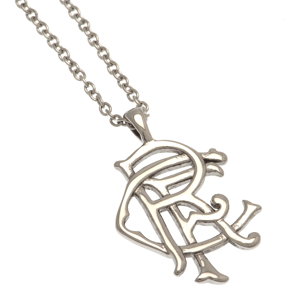 Rangers FC chrome finish stainless steel scroll crest shaped pendant on a ball chain