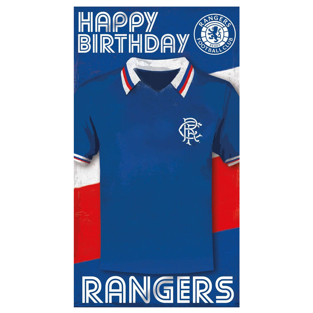 Rangers FC vibrant gloss birthday card with a large retro style Rangers shirt on the front