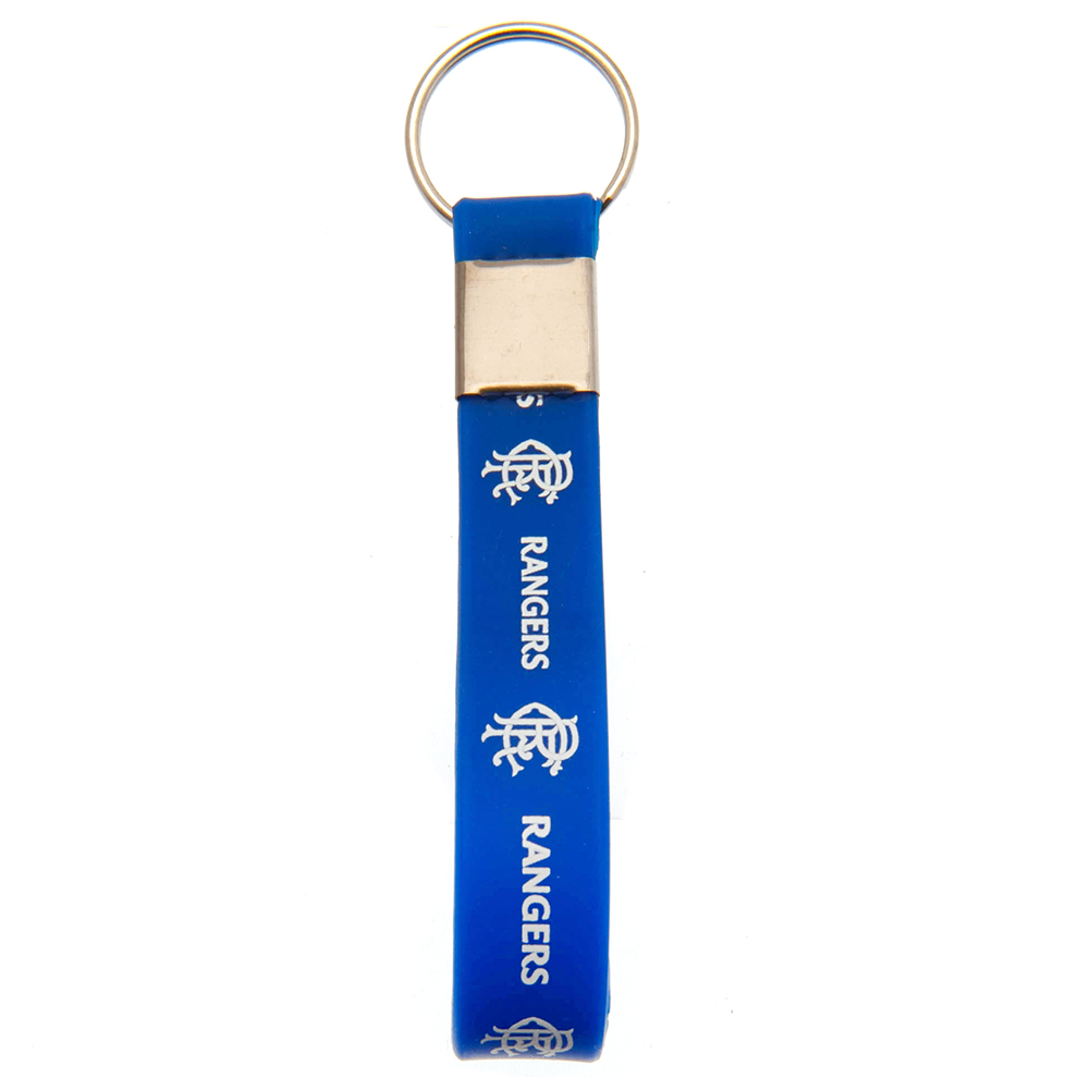 Rangers FC royal blue silicone strap keyring with a crest and Rangers text design and a metal band