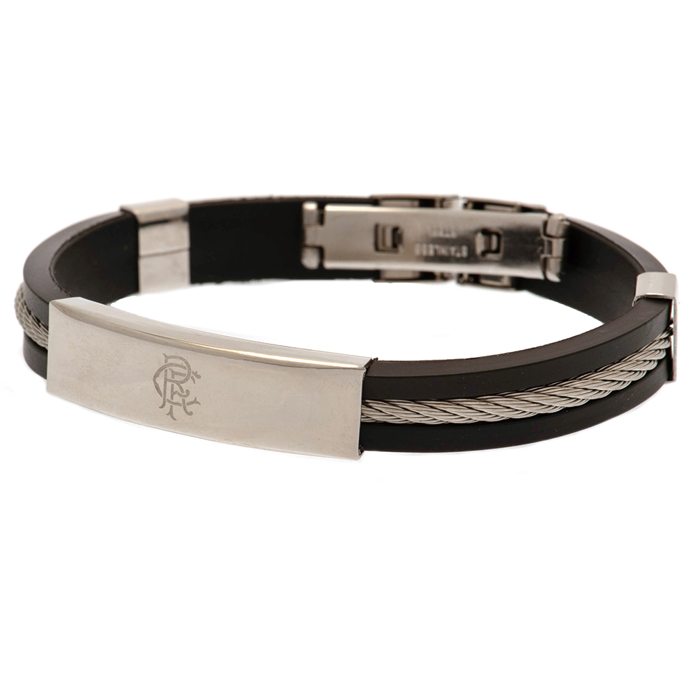 Rangers FC black silicone bracelet with a silver colour rope insert and a stainless steel crest plate