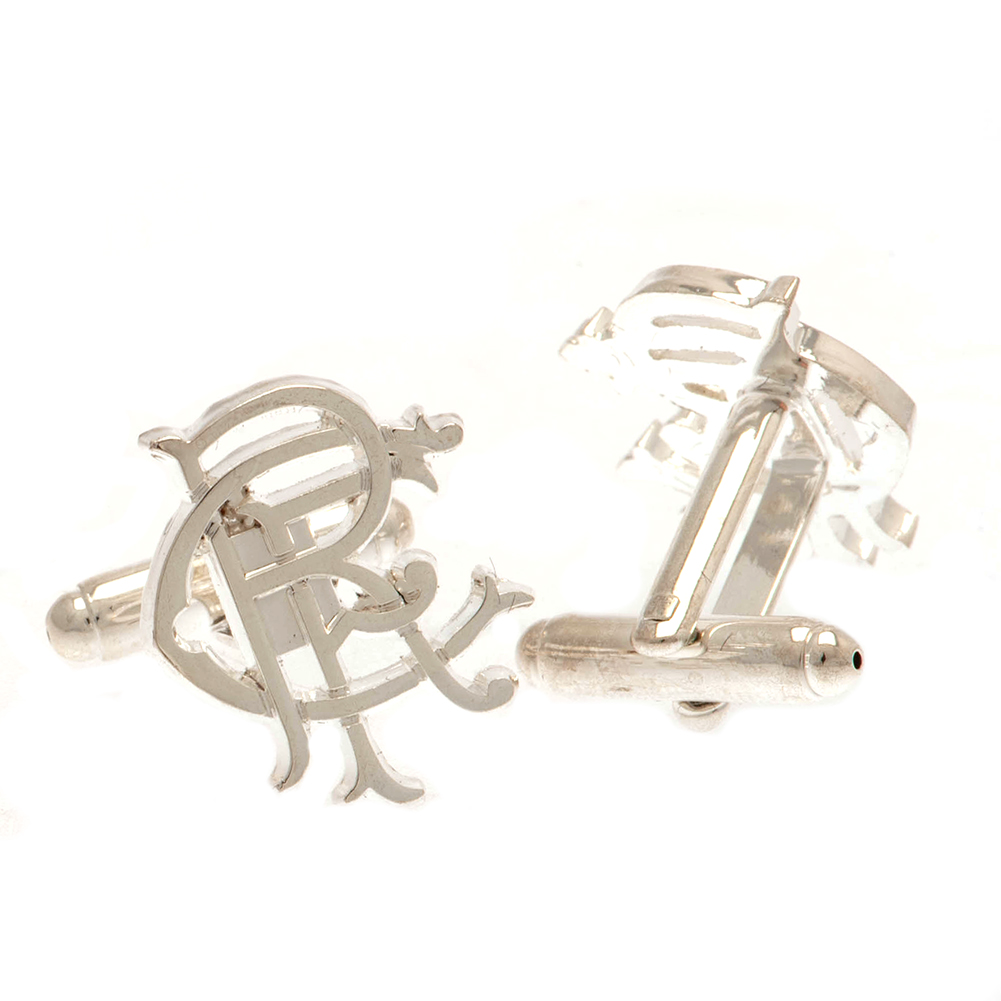 Pair of Rangers FC silver plated chrome crest shaped cufflinks with a formed RFC scroll crest