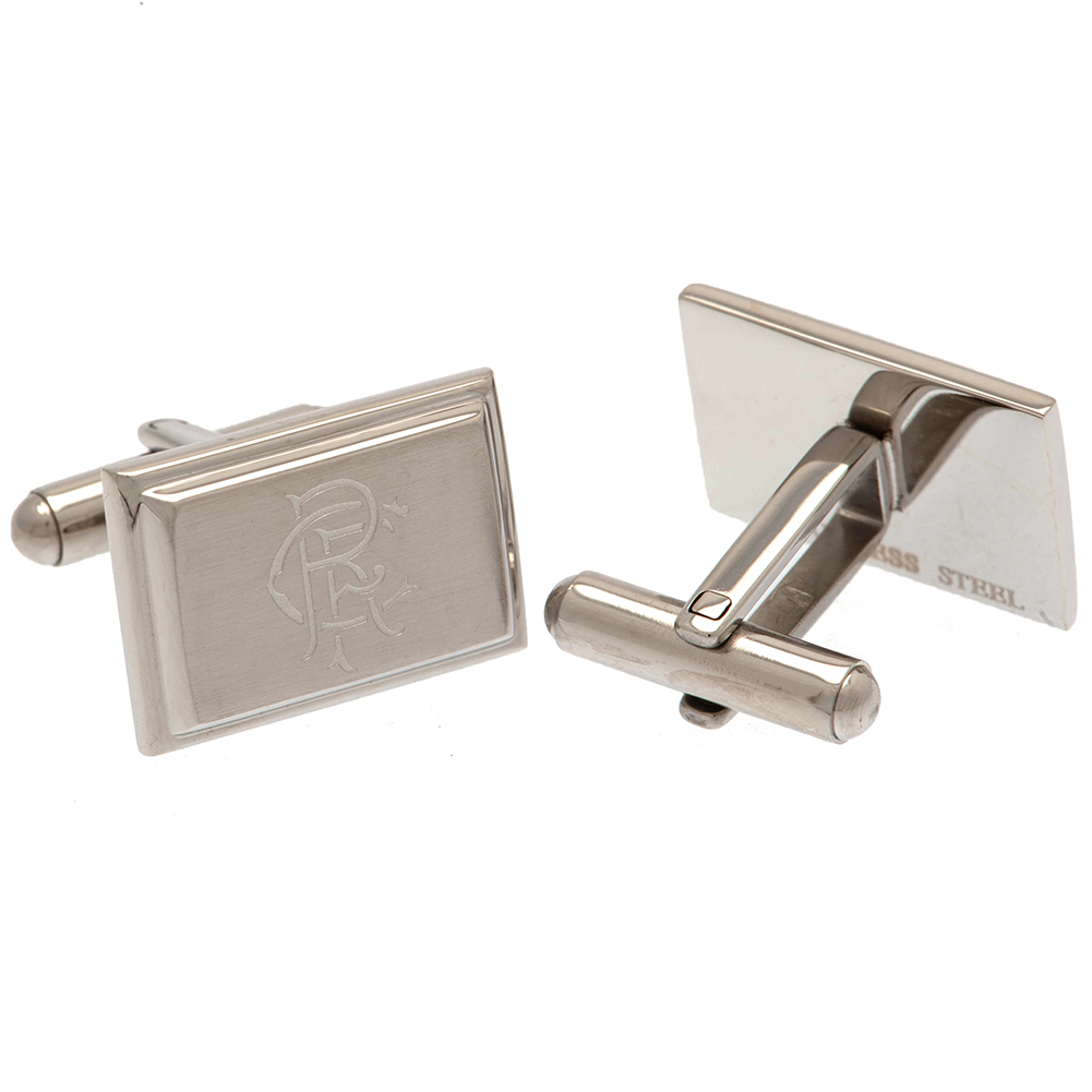 Pair of Rangers FC stainless steel brushed satin rectangular cufflinks engraved with the scroll crest