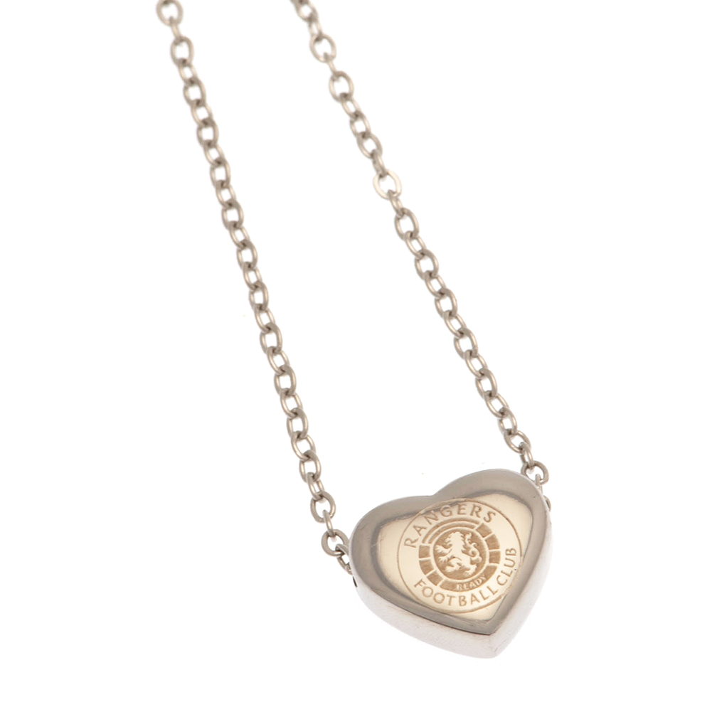 Rangers FC stainless steel heart necklace with the Rangers crest engraved on a chrome finish pendant