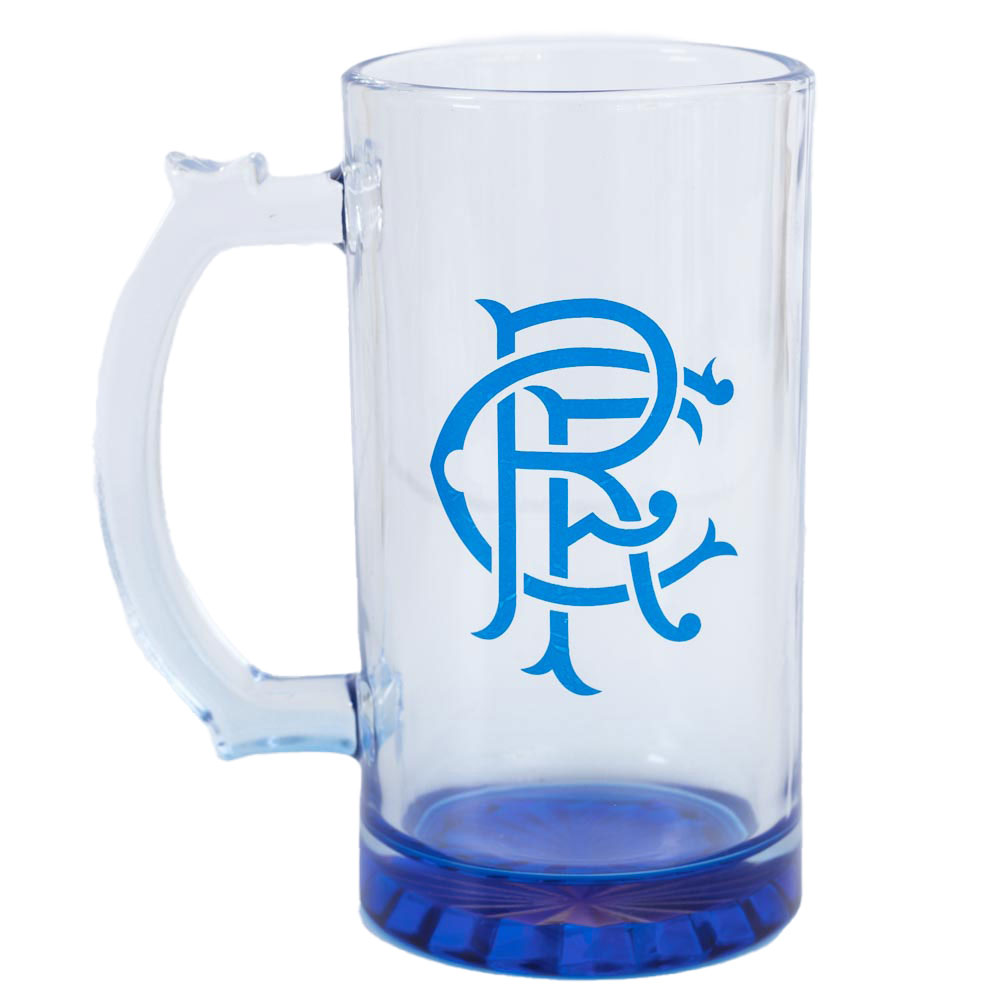 Rangers FC glass stein tankard with a blue base and the Rangers club crest