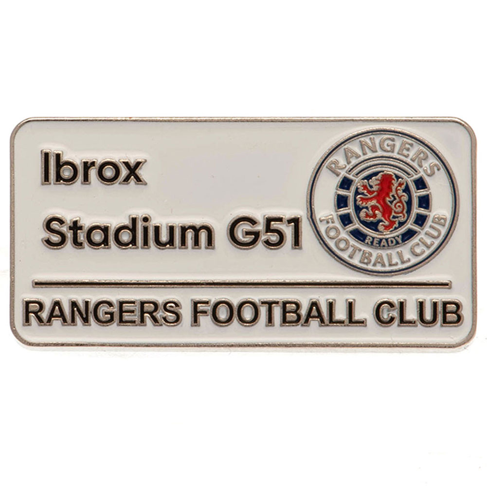 Rangers FC street sign design metal pin badge with full colour enamel infill and silver style finish