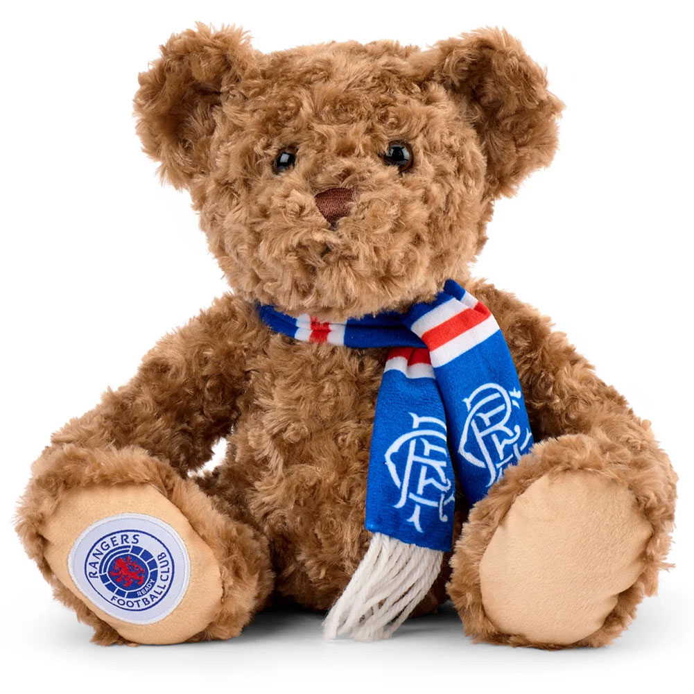 Rangers FC supersoft plush bear sitting with beaded eyes and a blue and white scarf, crest on its paw