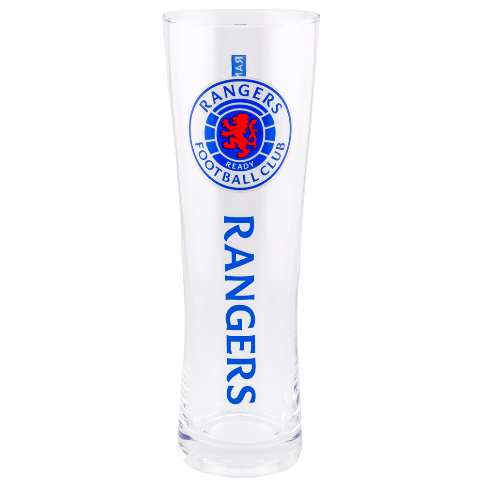 Rangers FC tall slim pilsner style pint glass with blue Rangers text and a full colour club crest