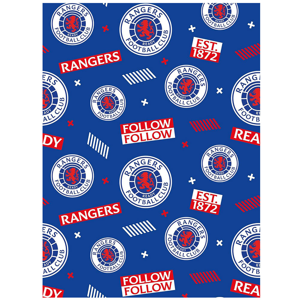 Rangers FC gift wrap with multiple Rangers crests on a blue background and two blue crest gift tags