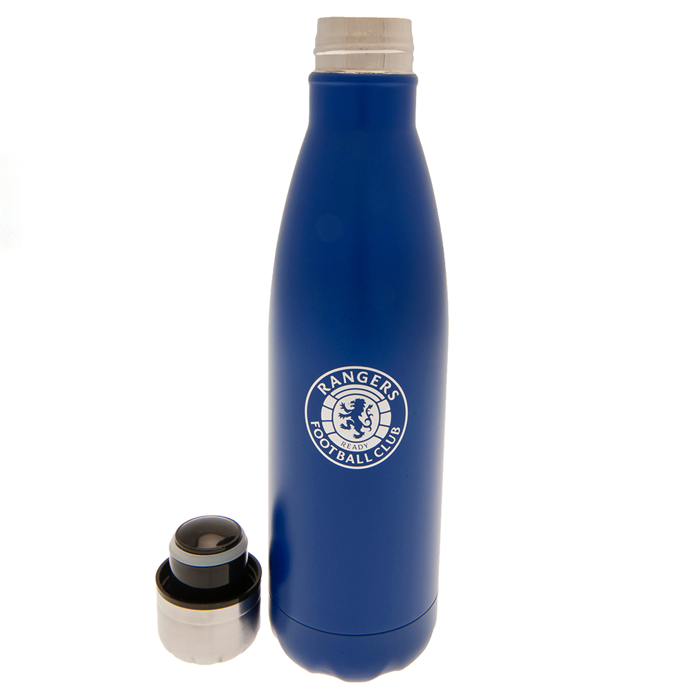 Royal blue matt finish Rangers FC stainless steel thermal flask with a silver crest