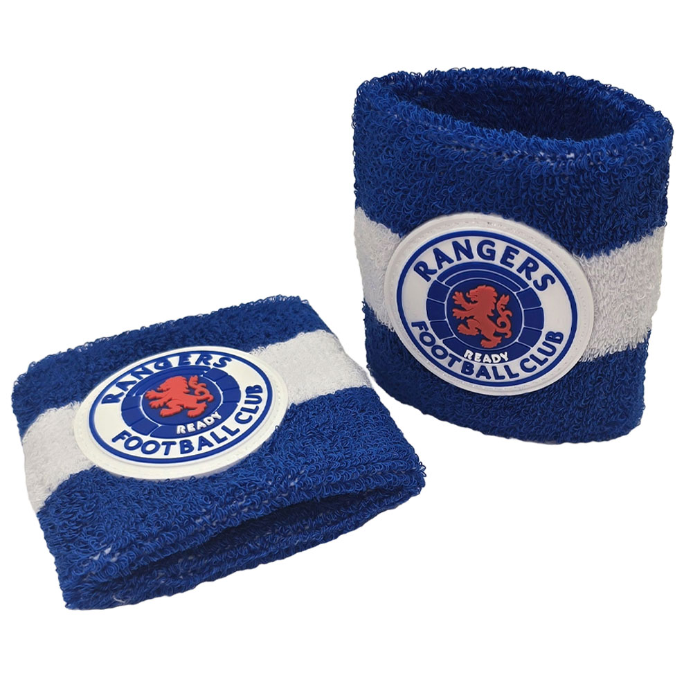Pair of blue Rangers FC cotton wristbands with white bands and a club crest