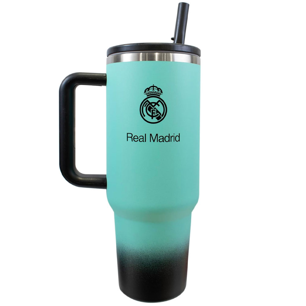 Mint green Real Madrid CF 40oz thermal tumbler with soft grip handle and closable drinking spout