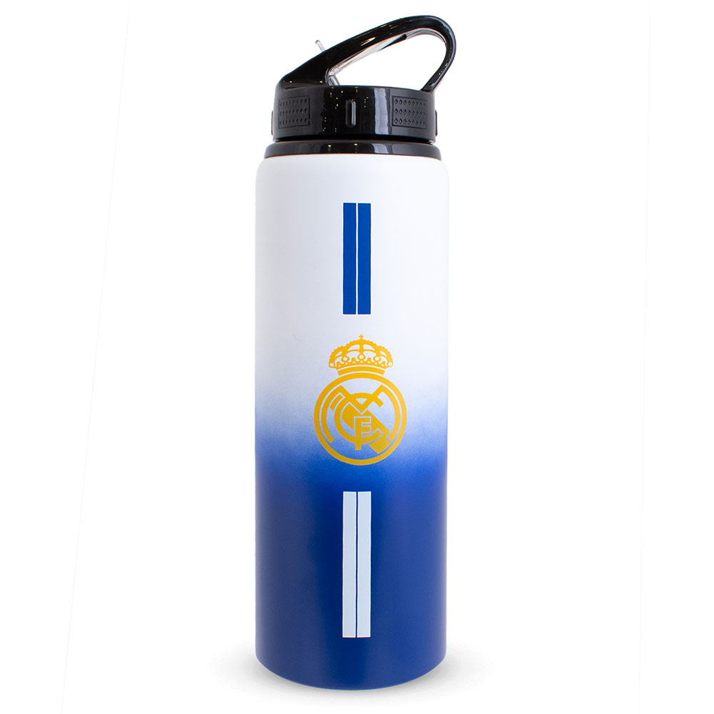 Real Madrid CF 750ml aluminium drinks bottle with a vibrant stripe design and a yellow Madrid crest