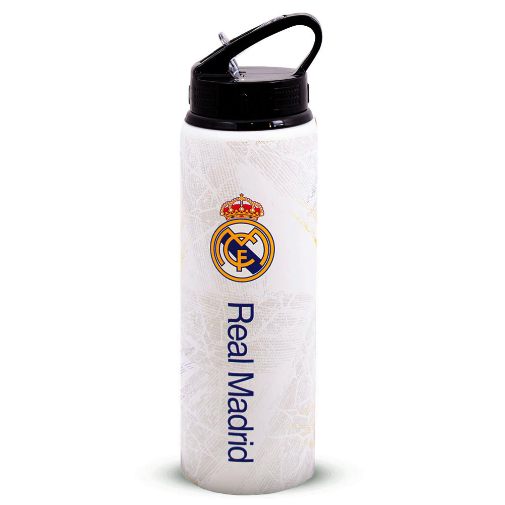 Real Madrid CF 750ml HD printed aluminium drinks bottle with the crest and text in blue