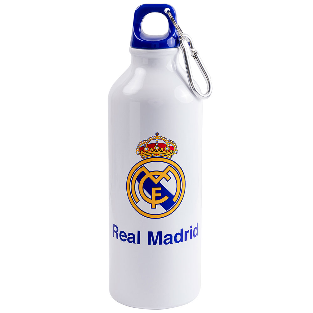 Real Madrid CF white gloss aluminium drinks bottle with a full colour crest, blue club name and a carabiner clip