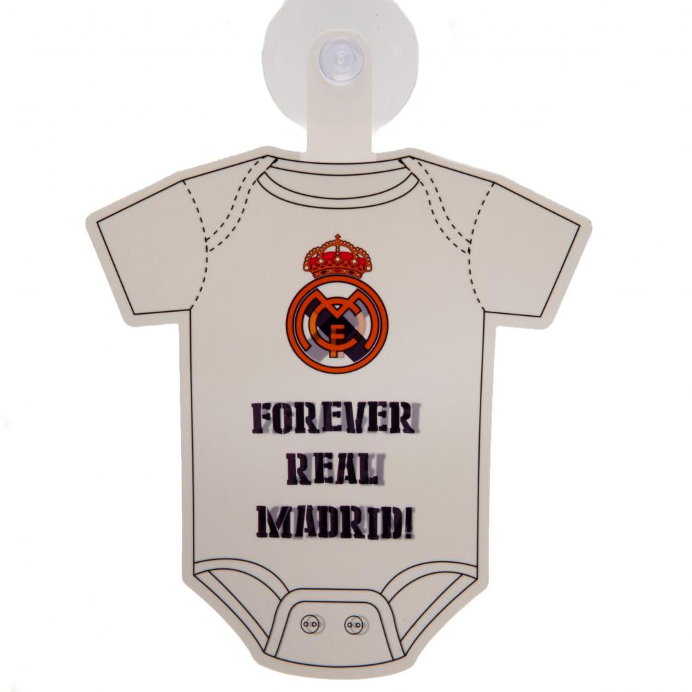 Real Madrid CF white bodysuit design baby on board sign with the Madrid crest and suction pads