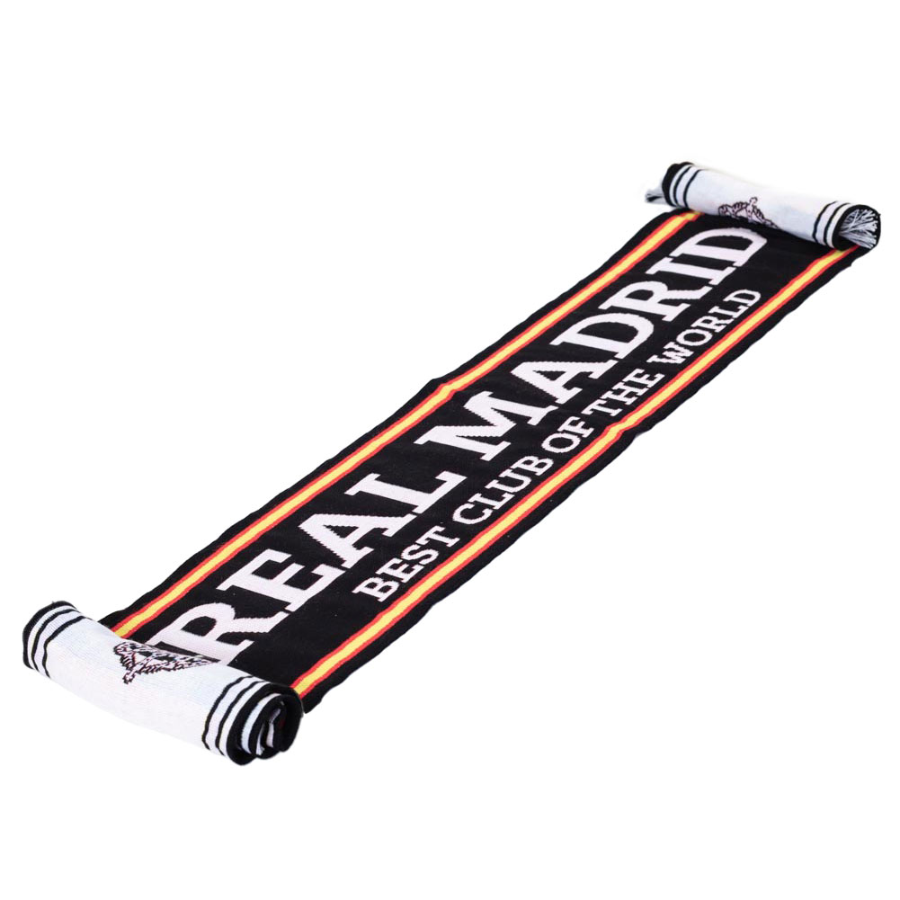 Real Madrid CF black woven scarf with red and yellow stripes, black and white fringe and club slogan text