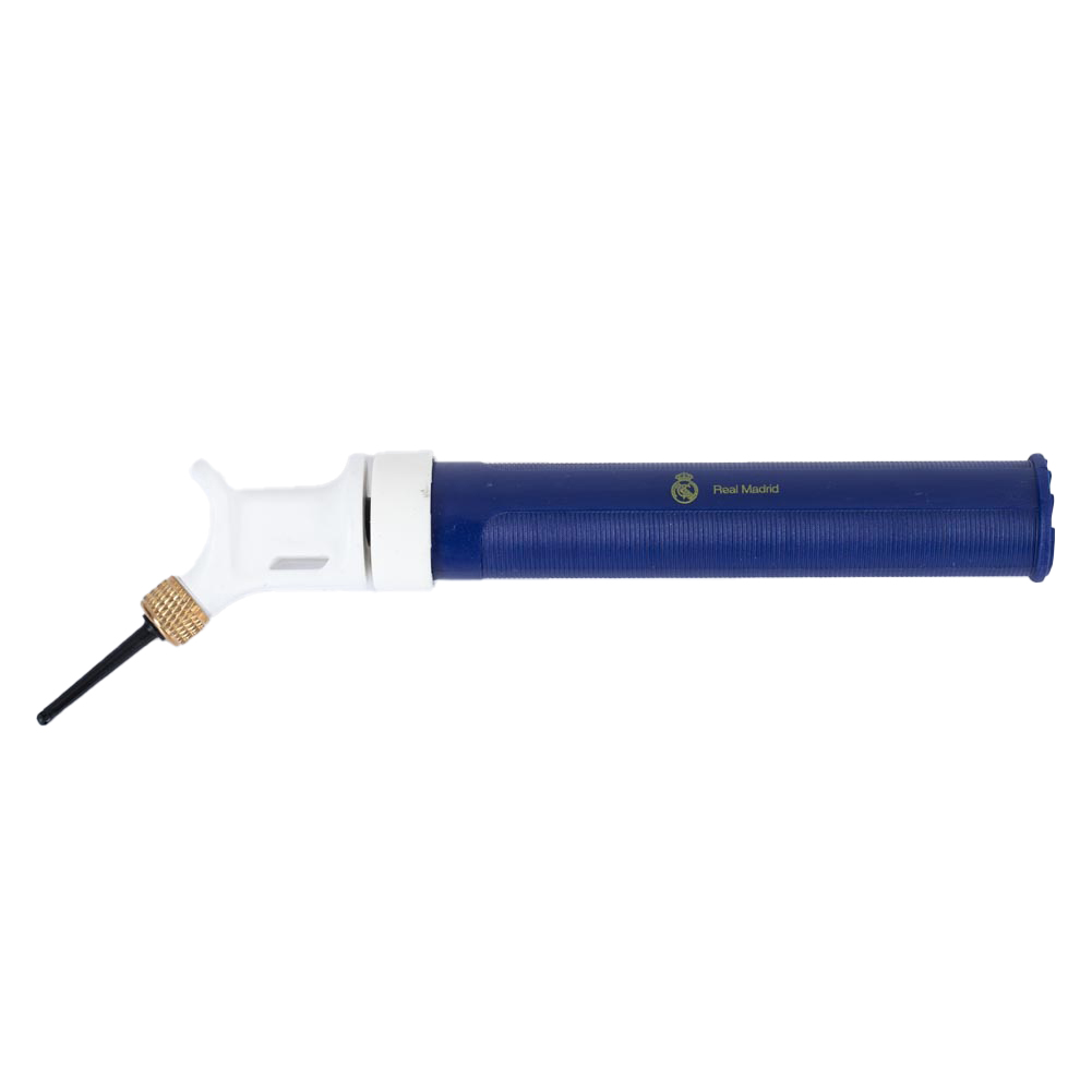 Real Madrid CF blue mini dual action football hand pump with needle on a header card