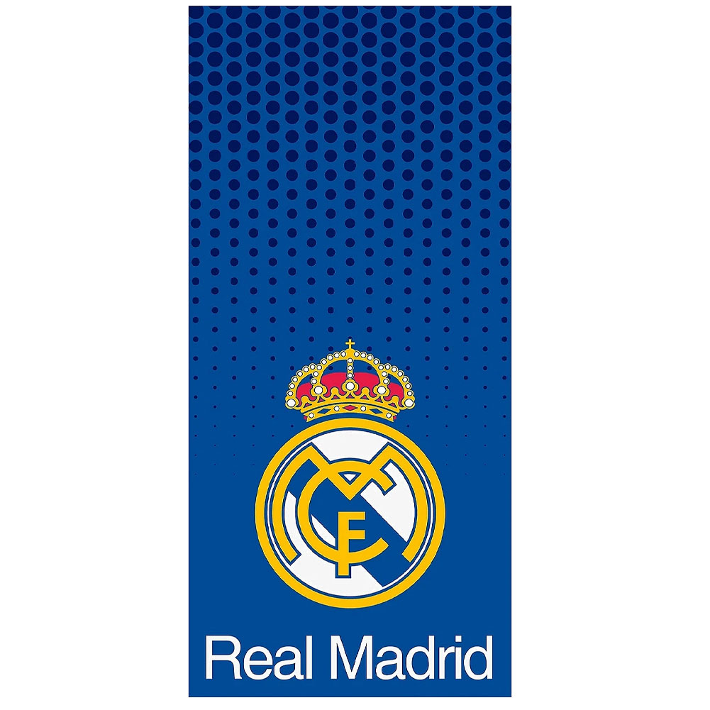 Spotted blue Real Madrid CF cotton velour beach towel with a full colour club crest