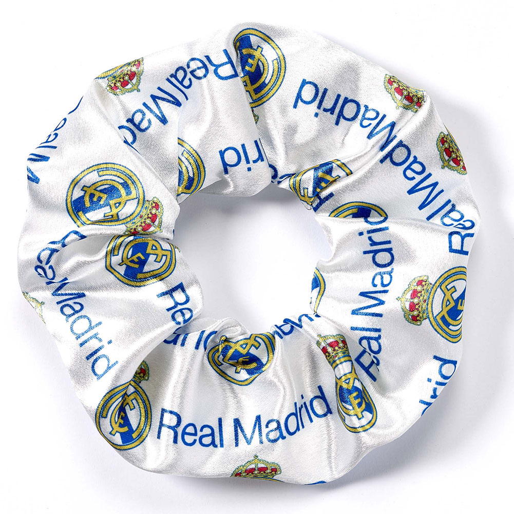 Colourful Real Madrid CF satin hair scrunchie featuring the Madrid club logo and text