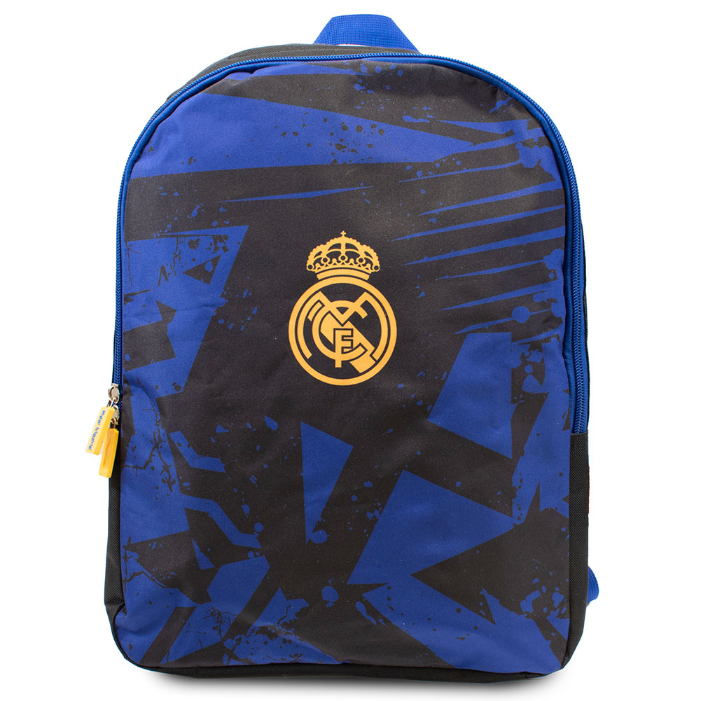 Black Real Madrid CF fragment design backpack with a gold crest on the front