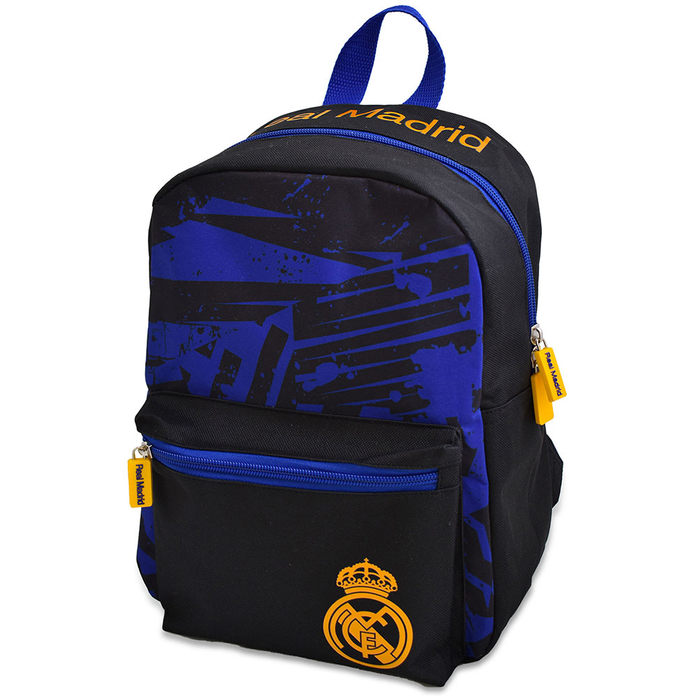 Black Real Madrid fragment design junior backpack with a gold Real Madrid crest and rubber zip pulls