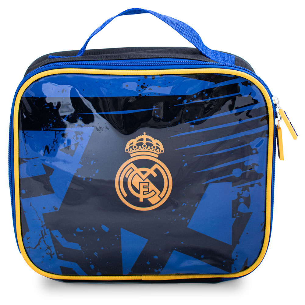 Real Madrid fragment design lunch bag with a gold Real Madrid crest, raised Madrid zip pulls and handle