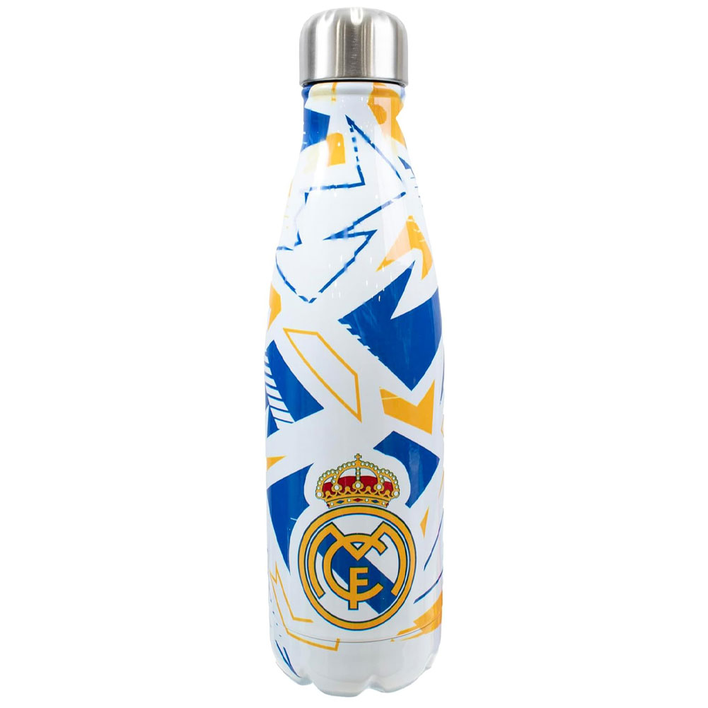 White Real Madrid CF thermal flask with a blue and yellow fragment pattern and the Real Madrid crest