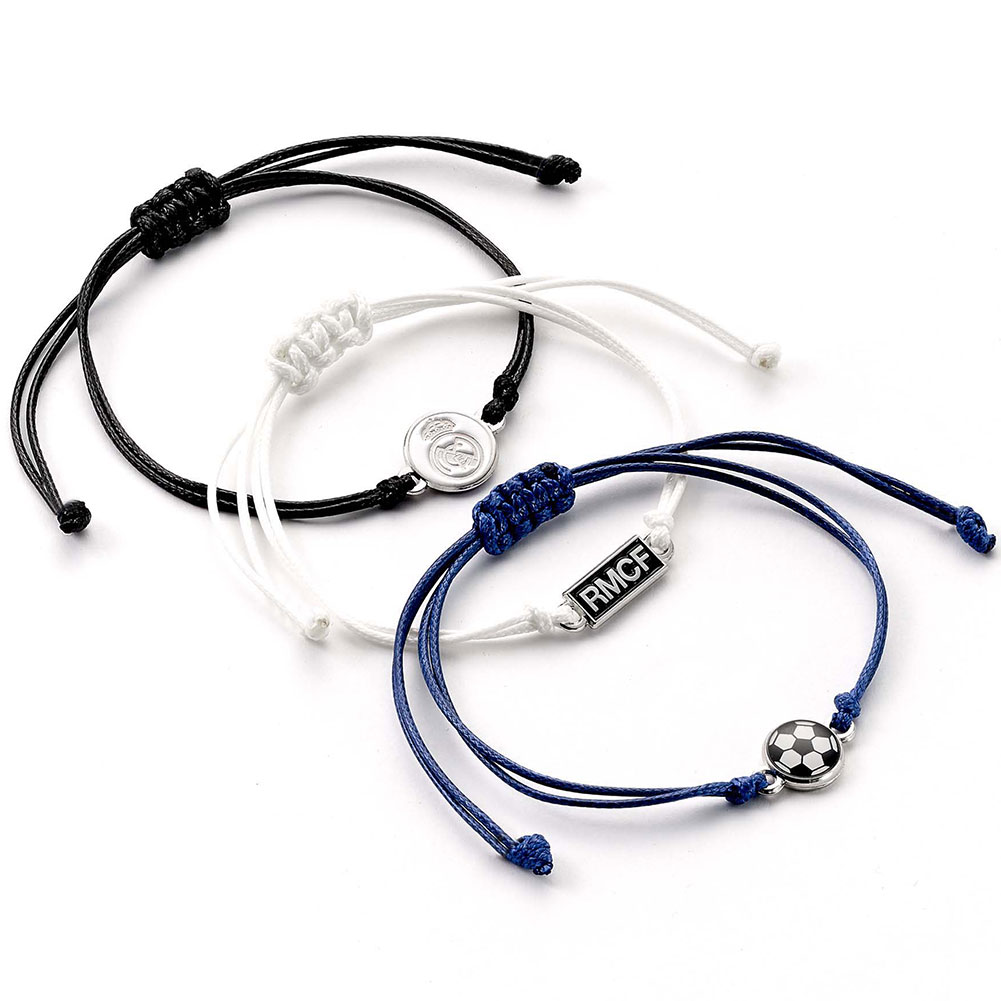 Set of three colourful Real Madrid CF friendship bracelets, each with a bespoke Madrid charm