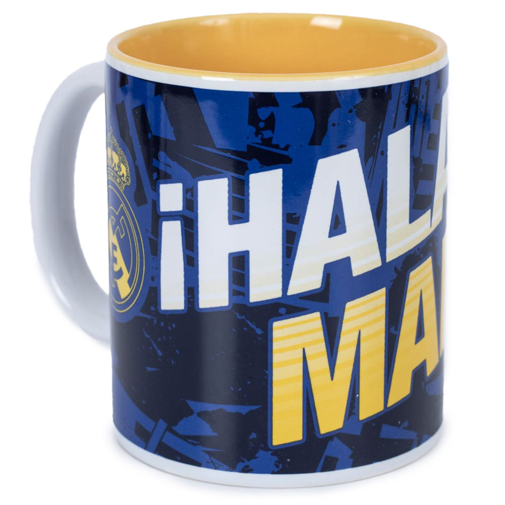 Real Madrid CF ceramic mug with a blue fragment design, club crest, Hala Madrid text and a yellow inner