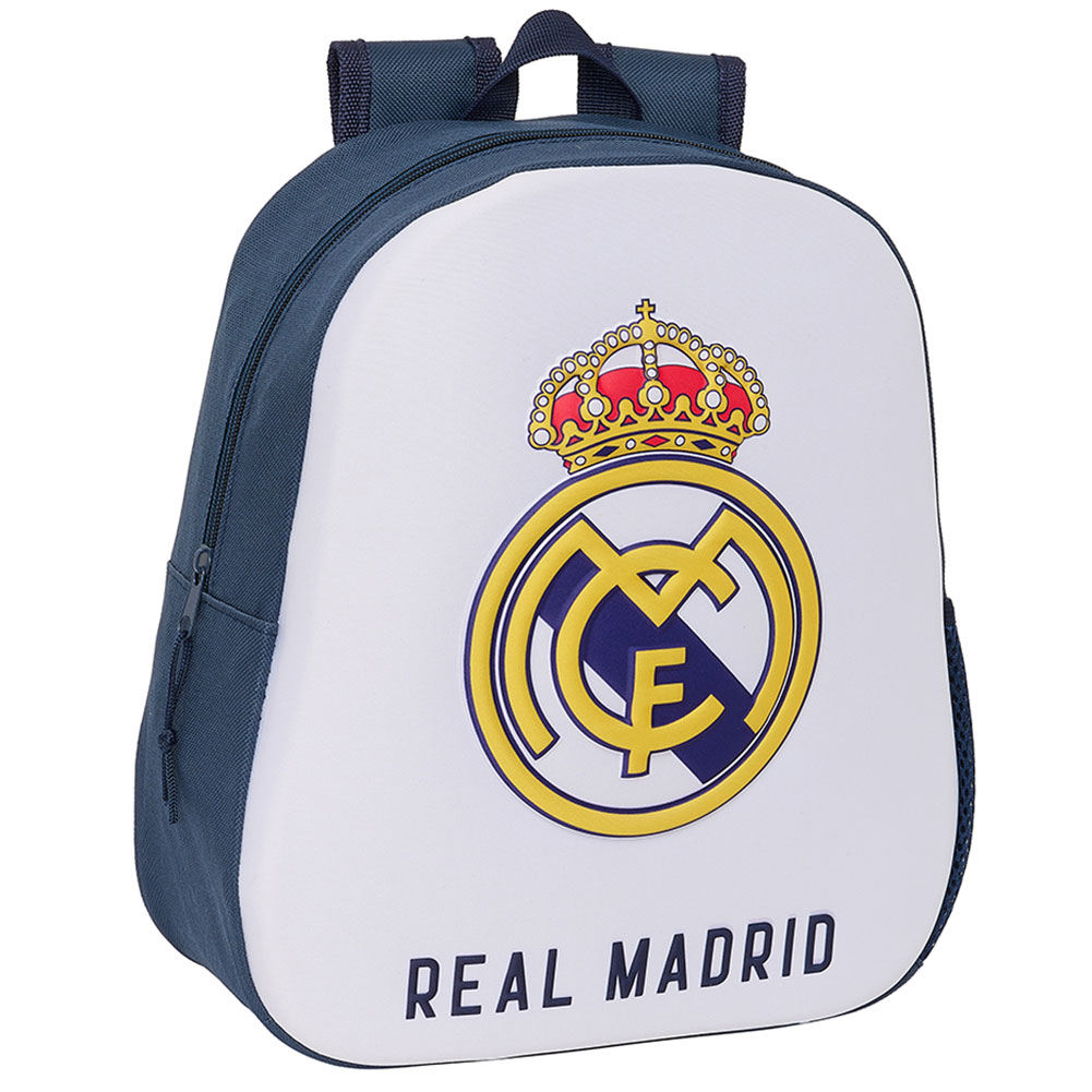 White and navy Real Madrid 3D junior backpack with a full colour club crest and Real Madrid text