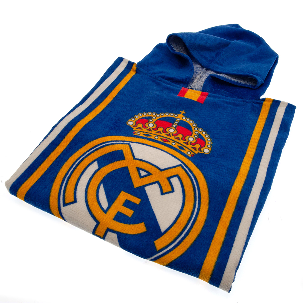 Real Madrid CF kids hooded poncho towel with a stripe design and a large Madrid crest